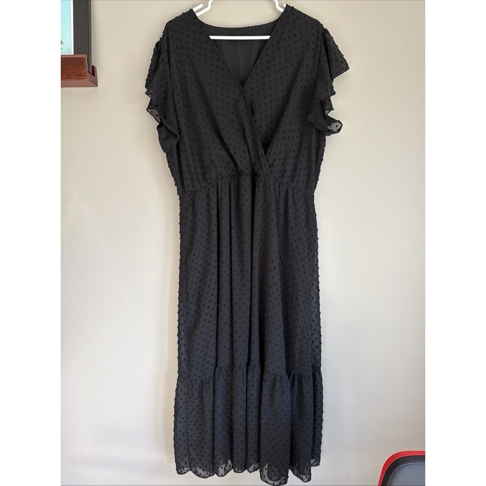 Black Dotted Swiss Mock Wrap Flutter Sleeve Maxi Dress Size XXL